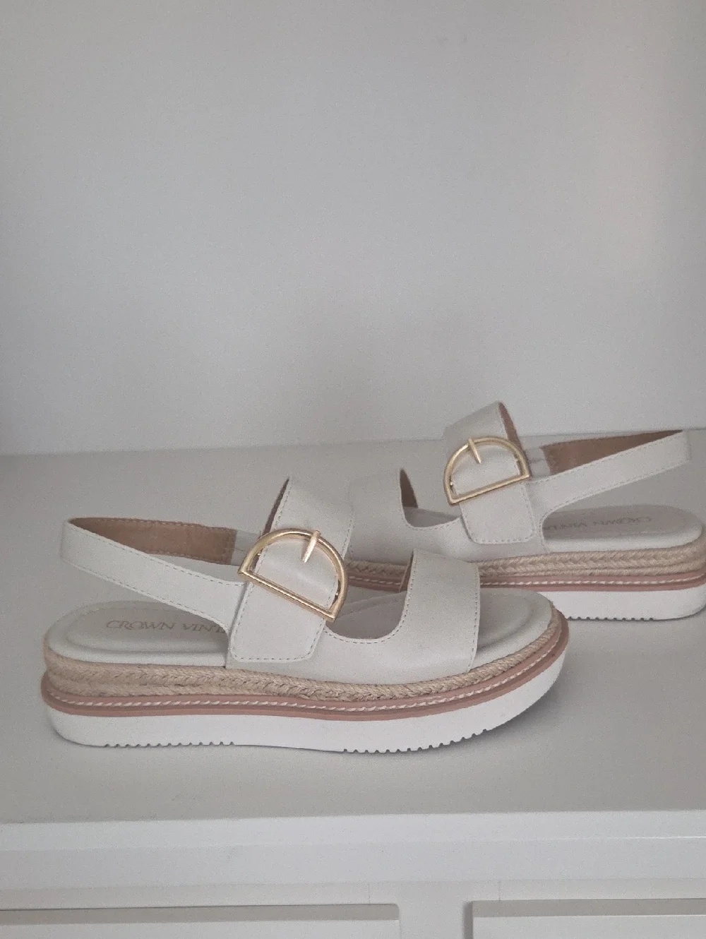 Crown Vintage Cream Platform Sandals with Gold Buckle